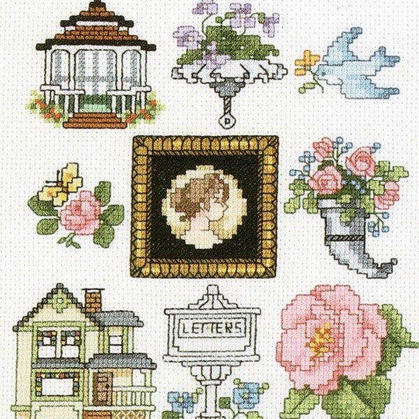 Vintage Cross Stitch Pattern Victorian Miniature Motif Designs PDF Instant Digital Download 9 Designs Rose Gazebo House Cameo Bird