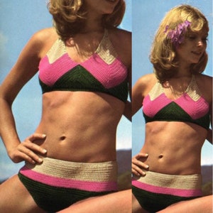 Vintage Crochet Pattern Chevron Colorblock Bikini Swimsuit PDF Instant Digital Download 2 Piece bathing suit