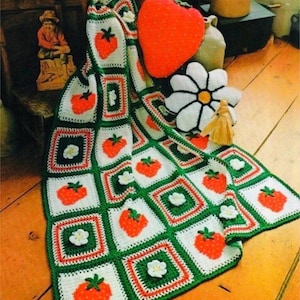 Vintage Afghan Crochet Pattern Strawberry and Daisy Patchwork Afghan Stitch Granny Square Motif Blanket PDF Instant Digital Download