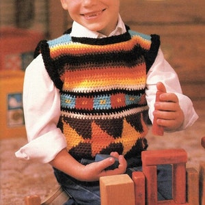 May include: A colorful crocheted vest with a geometric pattern. The vest has stripes of brown, orange, yellow, and blue.