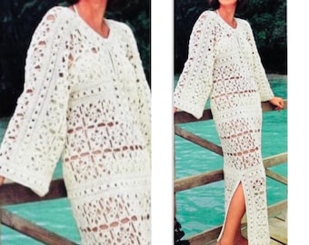 Vintage Crochet Pattern Crocheted Maxi Long Caftan Dress, Ecru Kaftan Beach Cover Up, PDF Instant Digital Download Boho Long Dress