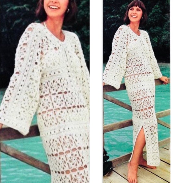 Vintage Crochet Pattern Crocheted Maxi Long Caftan Dress, Ecru Kaftan Beach Cover Up, PDF Instant Digital Download Boho Long Dress