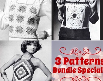 Vintage Crochet Pattern Retro Bundle Lot Special Throwback 70's Granny Vest, Halter Shirt Top PDF Instant Digital DOWNLOAD