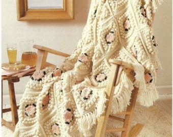 Vintage Crochet Pattern Popcorn Stitch Floral Rose Granny Square Afghan Roses Motif Blanket  PDF Instant Digital Download