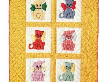 Vintage Sewing Pattern Baby Quilt Blanket Gingham Dog and Calico Cats Quilted Throw PDF Instant Digital Download