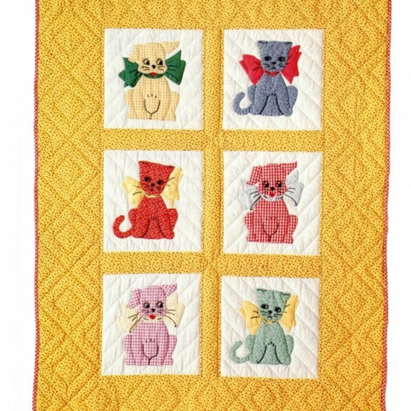 Vintage Sewing Pattern Baby Quilt Blanket Gingham Dog and Calico Cats Quilted Throw PDF Instant Digital Download