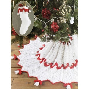 Vintage Holiday Crochet Pattern Christmas Tree Skirt Trimmed with Bells with Matching Stocking PDF Instant Digital Download White Red