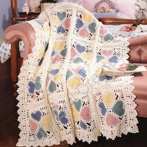 Vintage Crochet Pattern Lacy Love Heart Valentine Motif Afghan Blanket Throw PDF Instant Digital Download
