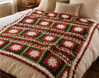 Christmas Afghan Crochet Pattern Holiday Snowflake Granny Square and Ribbon Throw Blanket PDF Instant Digital DOWNLOAD Easy Pattern