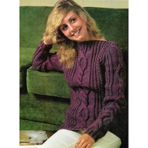 Vintage Knitting Pattern Women&#39;s Aran Boat Neck Pullover Knit Sweater Top PDF Instant Digital Download Knitted Blouse