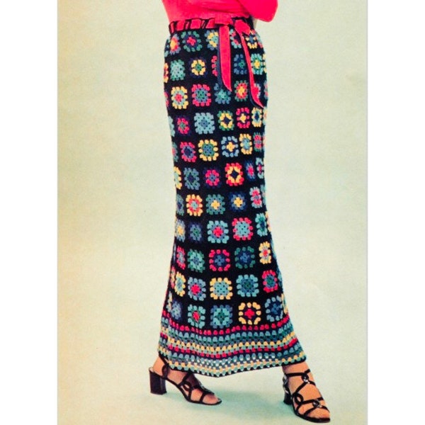 Vintage Crochet Pattern 1970s Granny Square Maxi Long Skirt Millefleurs PDF Pattern INSTANT Digital DOWNLOAD