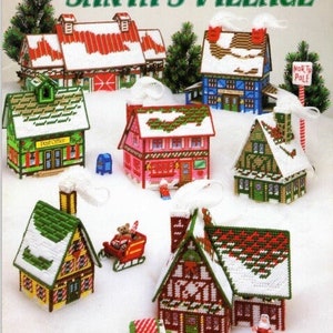 Vintage Plastic Canvas Pattern Book Santa&#39;s Christmas Village Town PDF Instant Download 12 Piece Set Toy Factory Elf House Reindeer Stable