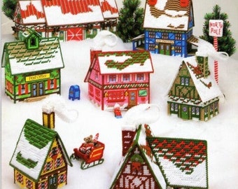 Vintage Plastic Canvas Pattern Book Santa's Christmas Village Town PDF Instant Download 12 Piece Set Toy Factory Elf House Reindeer Stable