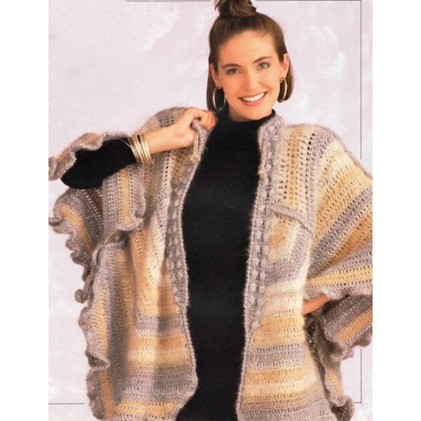 Vintage Crochet Pattern Silver Moth Flowing Ruffle Cardigan Cape Sweater Split Back PDF Instant Digital Download