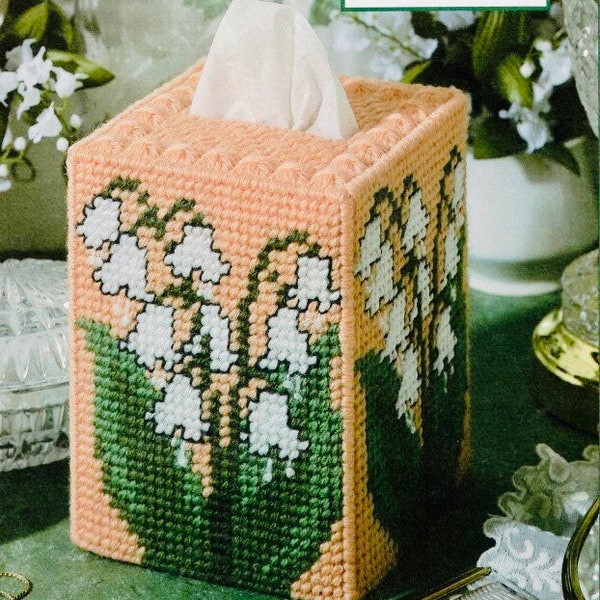 Vintage Plastic Canvas Pattern Lily Flower Tissue Box Cover Topper PDF Instant Digital Printable Download