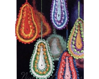 Vintage Christmas Crochet Pattern Jewel-Tone Teardrop Paisley Tree Ornaments PDF Instant Digital Download Bohemian Colorful