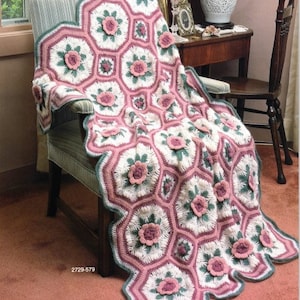 Vintage Crochet Pattern Victorian Rose Hexagon Afghan Blanket Motif Throw PDF Instant Digital Download Pink Mauve