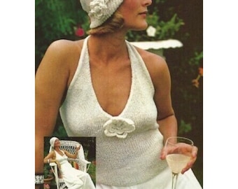 Vintage Knitting Pattern Glitter Rose Halter Top and Matching Hat Spring Knit Sweater PDF Instant Digital Download