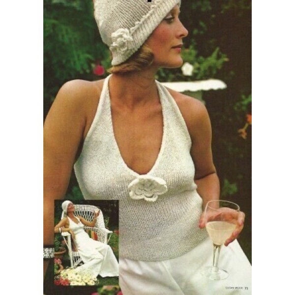 Vintage Knitting Pattern Glitter Rose Halter Top and Matching Hat Spring Knit Sweater PDF Instant Digital Download