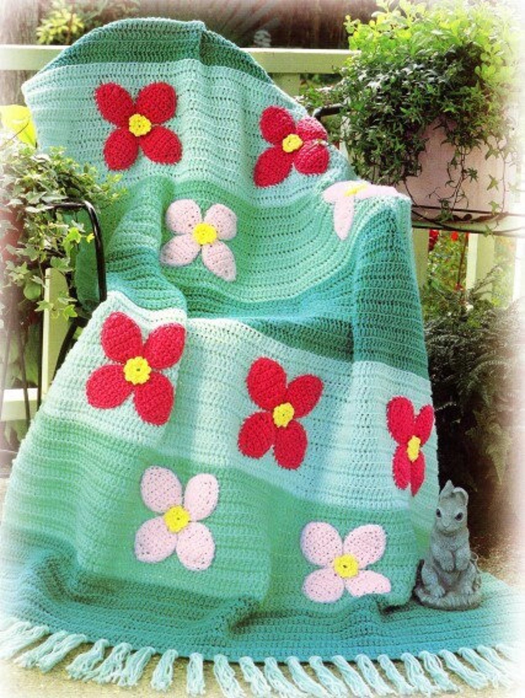 Vintage Afghan Crochet Pattern Flower Garden Colorful Flower Power