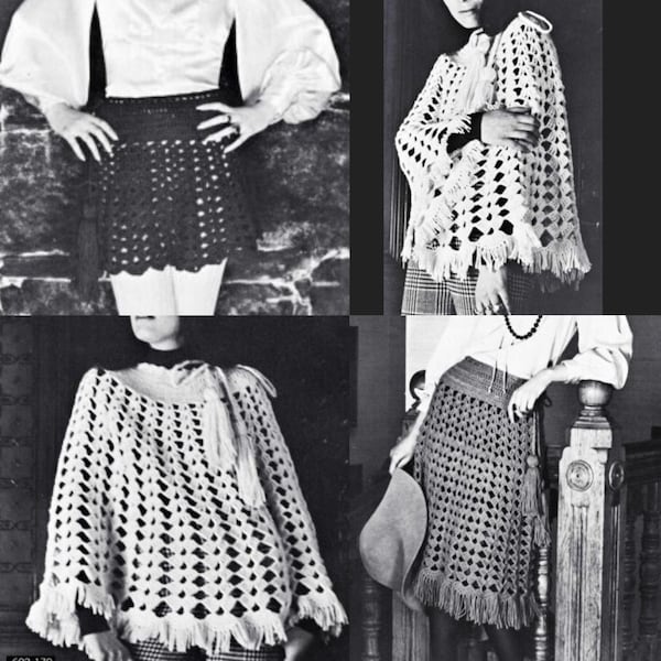 vintage Crochet Pattern Mini ou Midi Knee Jupe ou Cape Poncho Crocheted PDF Téléchargement numérique instantané