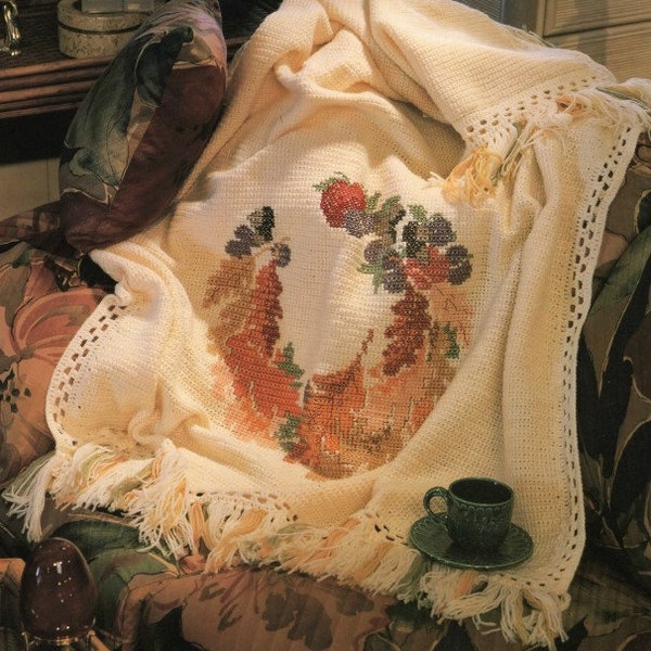 Vintage Afghan Crochet Pattern Fall Leaves Wreath Throw Blanket Cross Stitched Blanket PDF Instant Digital Download Afghan Tunisian Stitch