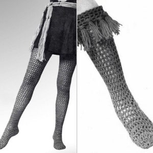 May include: A pair of black crochet tights with a fringe detail at the top. The tights are made with a large open stitch pattern.