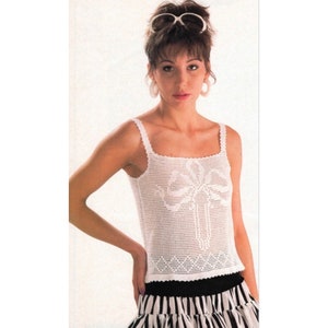 Vintage Crochet Pattern Filet Summer Sleeveless Top Ribbon Motif Camisole Blouse PDF Instant Digital Download