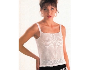 Vintage Crochet Pattern Filet Summer Sleeveless Top Ribbon Motif Camisole Blouse PDF Instant Digital Download