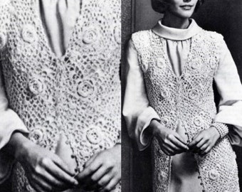 Vintage Crochet Pattern Irish Rose Vest Cardigan Long Tunic Vest Sweater Motif Pattern PDF Instant Digital Download