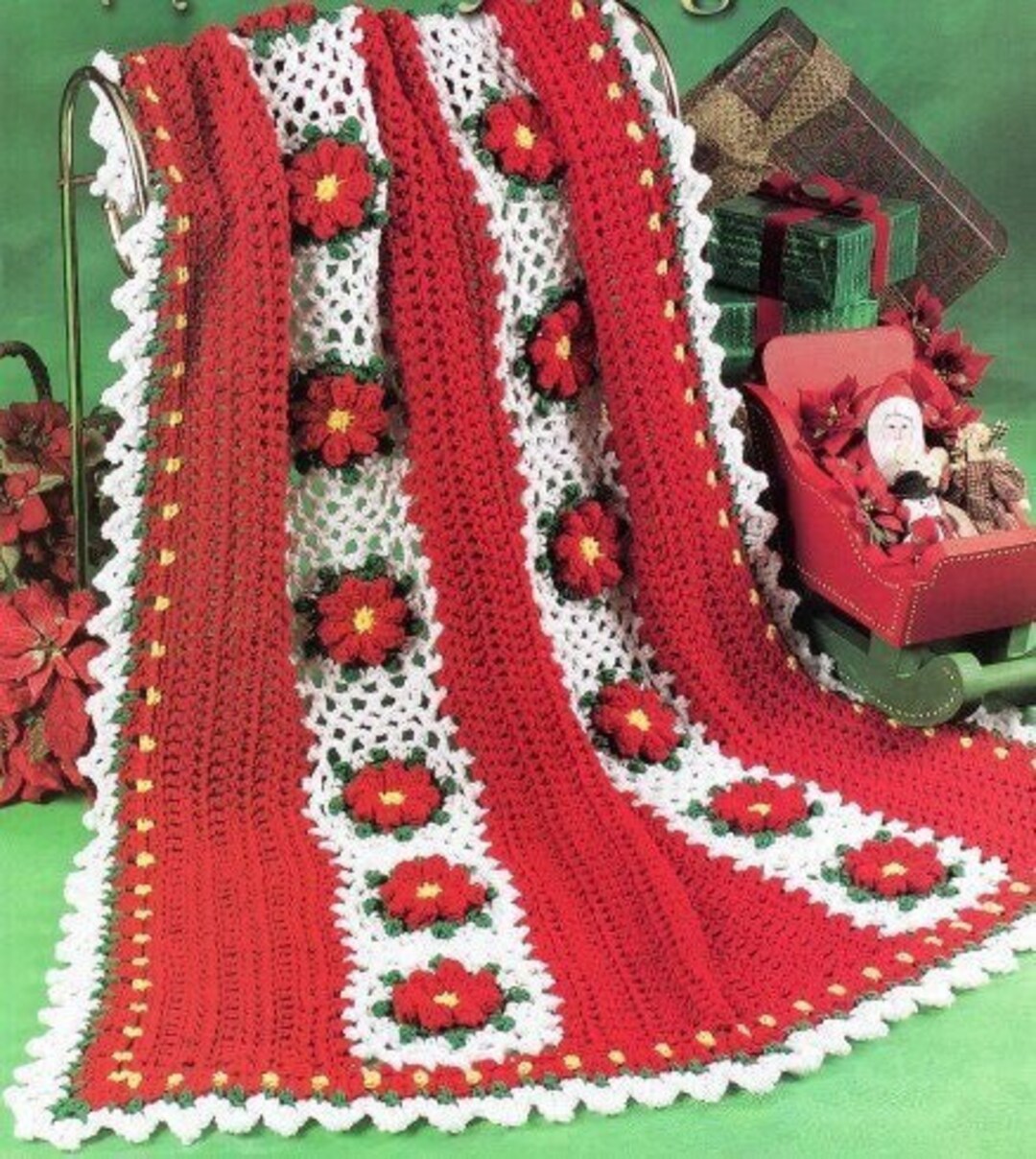 Vintage Crochet Christmas Blanket Pattern Poinsettia Blooms Quick