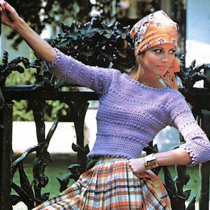 Vintage Crochet Pattern Women&#39;s Lavender Cropped Pullover Knit Sweater Top PDF Instant Digital Download