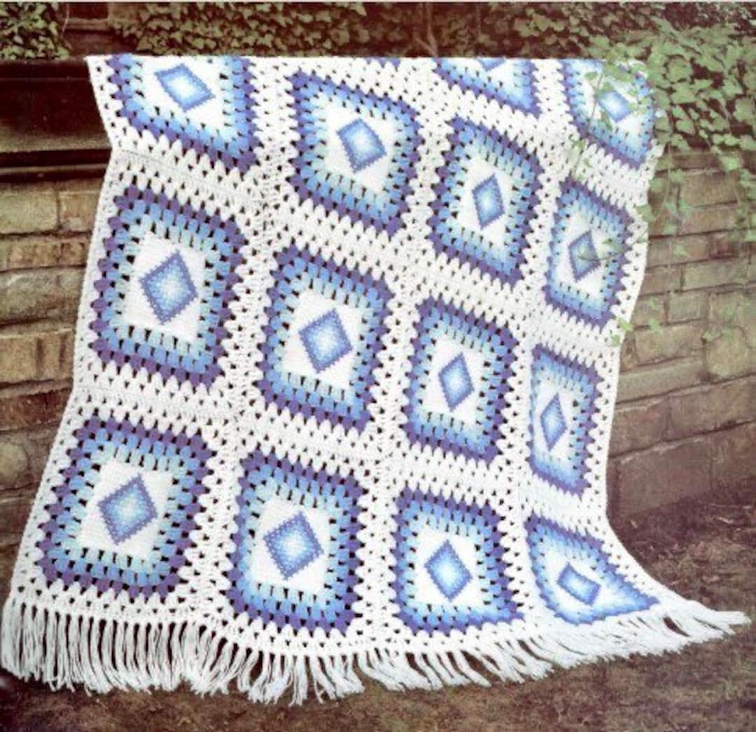 Vintage Crochet Afghan Pattern Shades of Blue Beginner Granny Square ...
