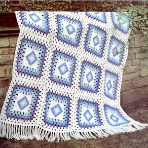 Vintage Crochet Afghan Pattern Shades of Blue Beginner Granny Square Motif Throw Blanket PDF Instant Digital DOWNLOAD