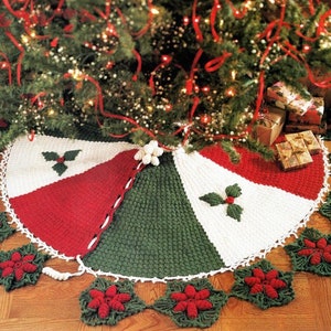 Vintage Christmas Crochet Pattern Poinsettia Tree Skirt Red Green White PDF Instant Digital Download