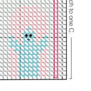 May include: A cross stitch pattern featuring a blue and pink design with a small gray ghost in the center. The pattern is on a white grid.