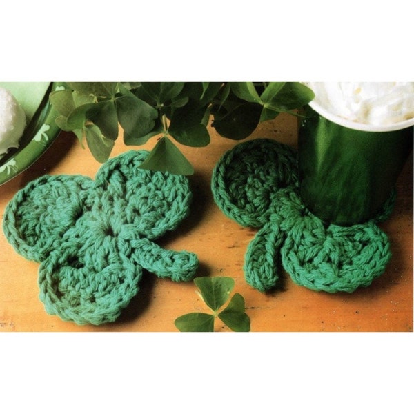 Ensemble de sous-verres trèfle vert au crochet pour la Saint-Patrick vintage, modèle PDF TÉLÉCHARGEMENT numérique instantané