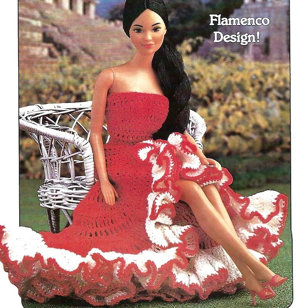 Vintage Crochet Pattern Barbie Doll Fashion Senoritas Dress Salsa Flamenco Dancing Dress PDF Instant Digital Download 11.5" Doll Clothes
