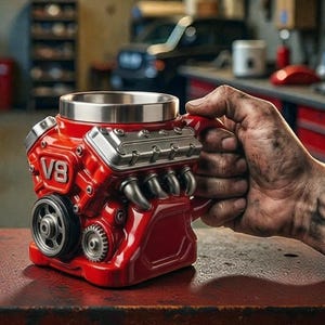 V8 Motor Kaffeetasse Rot Harz Edelstahl Auto Liebhaber Geschenk Vatertag Abschluss Geburtstag Mechaniker Automobilsport Tasse