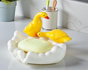 Cute Duck Soap Dish Self Draining Bathroom Soap Holder Waterfall Design Resin Sink Decor Gift for Christmas Valentines Mothers Day