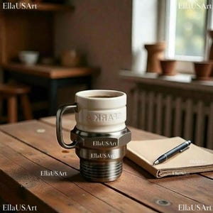 May include: A ceramic mug with a cream-coloured upper section featuring the embossed text "SPARK" and a metallic, industrial-style lower base resembling a threaded bolt or pipe fitting with a dark grey handle attached to the side.
