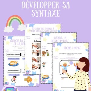 Könnte beinhalten: Lehrreiches PDF-Dokument für die Vorschule mit dem Titel "5 Übungen: Entwickle deine Syntax". Das Bild zeigt einen Regenbogen, einen Bleistift und mehrere Arbeitsblätter mit Übungen wie "Assoziieren und Verknüpfen" und "Beschreibe das Bild".