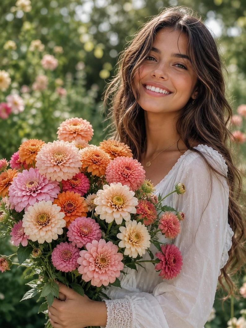 May include: A large bouquet of multi-colored zinnia flowers in shades of pink, peach, orange, and cream. The flowers feature dense, layered petals and green stems, held together in a cluster with visible green foliage and small buds.