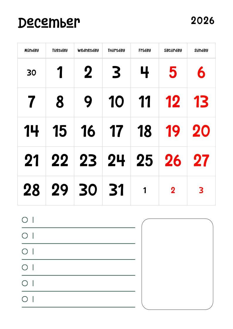 2026 Calendar, Monthly Calendar, Monday Start, A4, A3, Letter Size ...