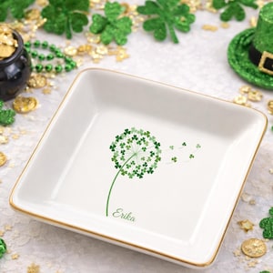 Custom Lucky Shamrock Ring Plate, 4 Leaf Clover Trinket Dish, Ring Holder, St. Patrick's Day Gift, Irish Gift, Bridesmaid Proposal Gift