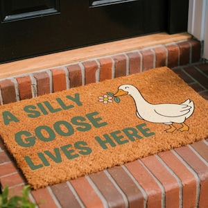 Felpudo «Aquí vive un ganso tonto», felpudo de fibra de coco con diseño de ganso, decoración para la puerta de entrada