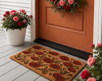 Poppy Doormat, Red Poppy Floral Doormat, Botanical Entryway Mat, Vintage Flower Porch Decor, Floral Welcome Mat