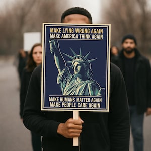 Może przedstawiać: Osoba trzymająca transparent z ilustracją Statuy Wolności. Na transparentcie widnieje napis: "MAKE LYING WRONG AGAIN, MAKE AMERICA THINK AGAIN, MAKE HUMANS MATTER AGAIN, MAKE PEOPLE CARE AGAIN."