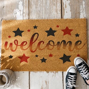 Patriotic Welcome Door Mat - Americana Star Front Porch Decor