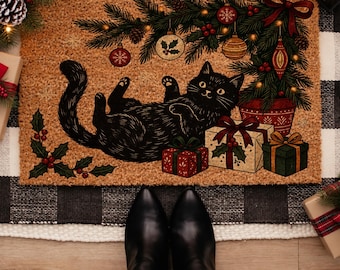 Black Cat Christmas Doormat, Cute Kitty Under Christmas Tree Welcome Mat, Holiday Door Mat, Rustic Winter Porch Decor, Cat Lover Gift